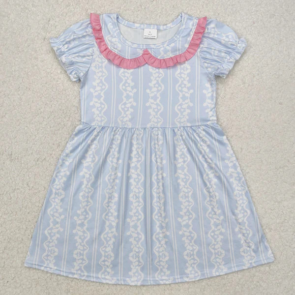 L-3.2 GSD1499 Baby Girls Blue White Ruffle Knee Length Dress