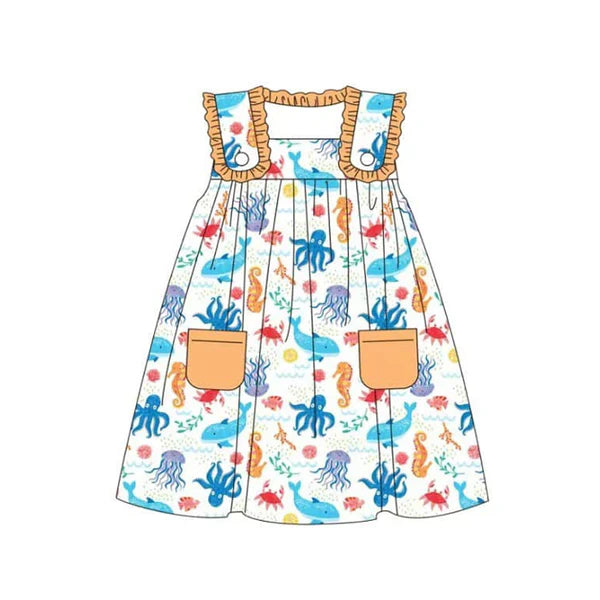 L-3.4 GSD1961 Baby Girls Sea Animals Pockets Knee Length Dresses Preorder