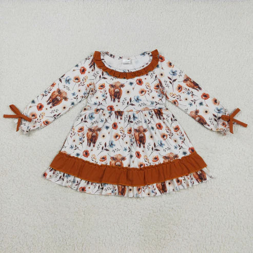 8.22 GLD0784 Baby Girls Western Flowers Highland Cow Knee Length Dress