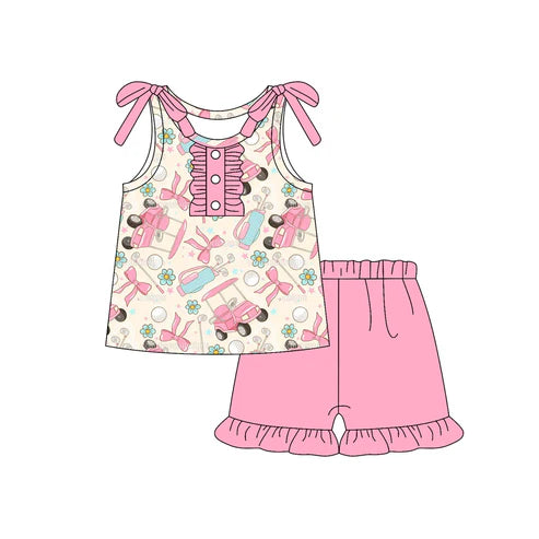 6.6 GSSO2659 Baby Girls Bows Sleeveless Pink Golf Flowers Button Top Ruffle Short Set Preorder