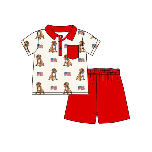 4.18 BSSO1488 Baby Boys Button Pocket Dogs Flags Top Red Short 4th Of July Set Preorder