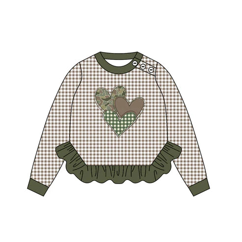 9.19 GT1225 Baby Girls Green Checked Camo Hearts Valentine Ruffle Tee Shirts Top Preorder
