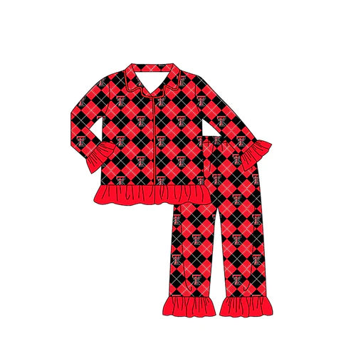9.9 Custom Moq 5 Baby Girls Texas Tech Team Buttons Red Checkered Top Pants Pajamas Clothes Sets