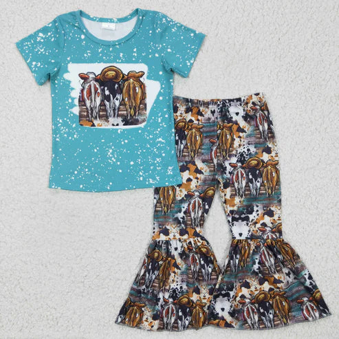 7.28 rts no moq GSPO0279 Girls Cow Blue Short Sleeve Pants Set Milk Silk