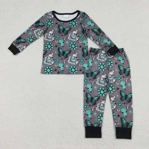 12.27 RTS NO MOQ(In Stock) Mama's Cowgirl Gemstone Butterfly Alpine Bull Head Gray Long-Sleeve Long Pants Pajama Set