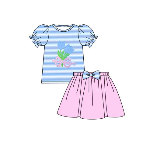 11.5 GSD3039 Baby Girls Blue Stripe Flowers Bows Top Pink Skirts Clothes Sets Preorder