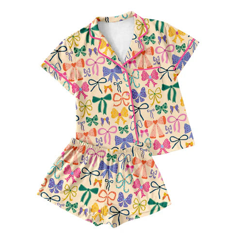 4.9 GSSO2485 Adult Women Colorful Bows Button Pocket Top Shorts Pajamas Set Preorder