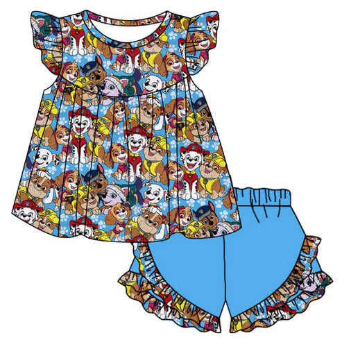 5.7 Girl cartoon dog blue short-sleeved shorts set