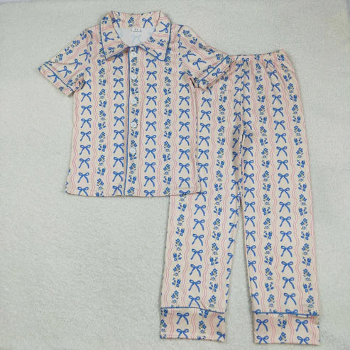 8.13 GSPO2051 Adult Women Blue Bows Flowers Stripe Button Top Pant Pajamas Set