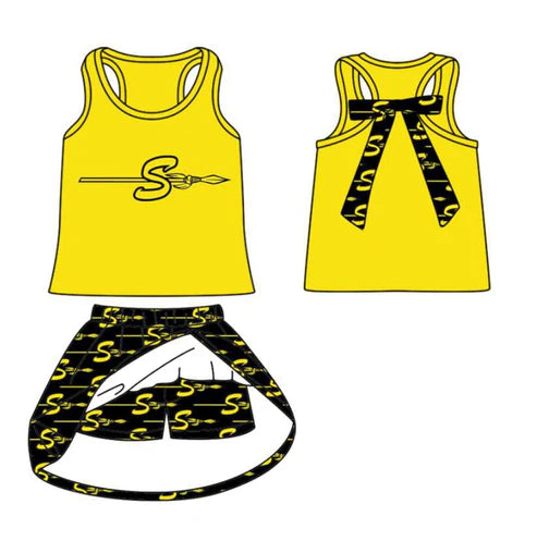 8.9 Custom Moq 5 Baby Girls Yellow Sleeveless S Vest Top Plaid Skorts Team Set