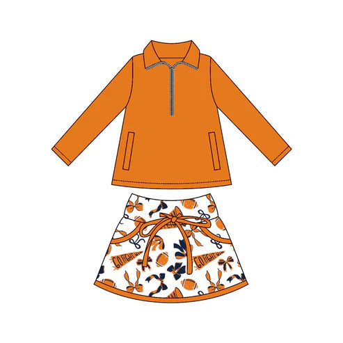 8.11 Custom Moq 5 Baby girls Orange Pullover team Tee Shirts Skorts Clothes Sets