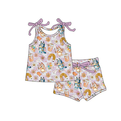 4.22 GSSO2579 Baby Girls Lavender Sleeveless Cartoon Dogs Pencils Top Short Set Preorder