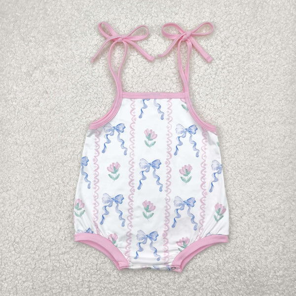 5.3 SR2858 Baby Infant Girls Blue Bows Flowers Straps Romper