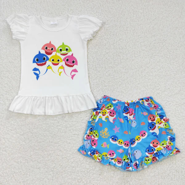 5.22 A13-11 Shark White Puff Sleeve Blue Lace Shorts