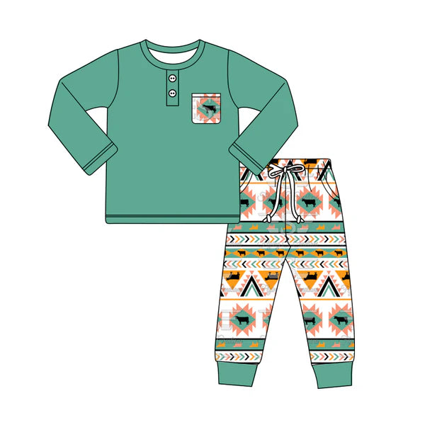 5.28 BLP0950 Baby Boys Western Pocket Top Aztec Cow Pants Clothes Sets Preorder