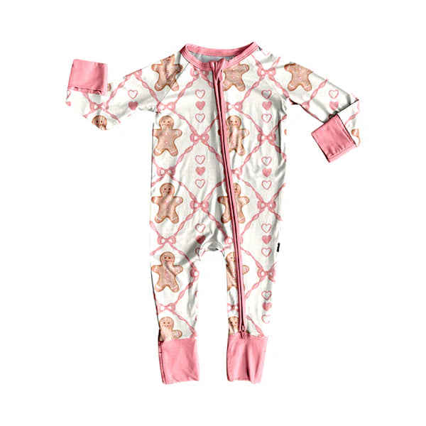 8.27 LR2589 Baby Girls Pink Hearts Gingerbread Plaid Christmas Zipper Footie Rompers Preorder