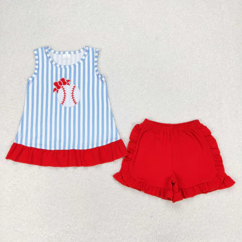 6.16 GSSO1019 Embroidered bow baseball blue striped sleeveless red shorts suit