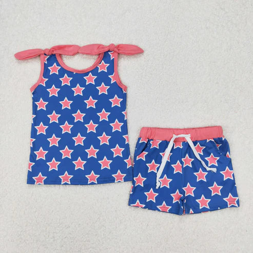 3.21 GSSO2151 Baby Girls 4th Of July Stars Bow Shirt Shorts Clothes Set