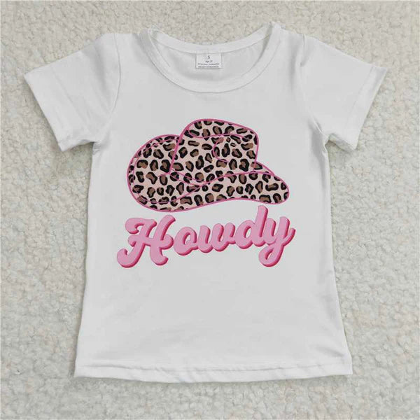 GT0138 Girl howdy leopard print hat White Short Sleeve Top