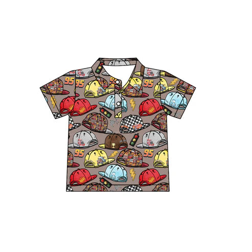 4.21 BT1228 Baby Boys Brown Short Sleeves Button Cartoon Hats Polo Shirts Top Preorder