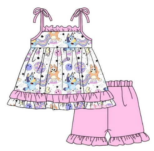 5.8 Girls cartoon dog rainbow pink short sleeve shorts set