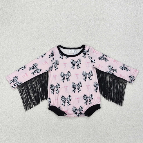 LR1824 Baby Infant Girls Pink Cow Bows Western Tassel Romper