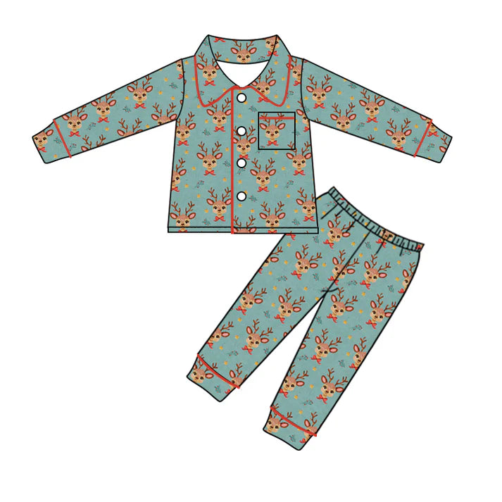 6.11 GLP1997 Baby Kids Christmas Reindeer Buttons Top Pants Pajamas Clothes Sets Preorder