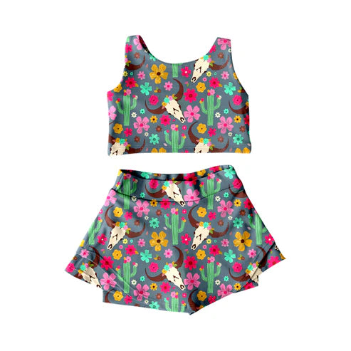 4.24 GSD2519 Baby Girls Sleeveless Colorful Flowers Bull Skull Top Shorts Skirts Yoga Outfits Preorder
