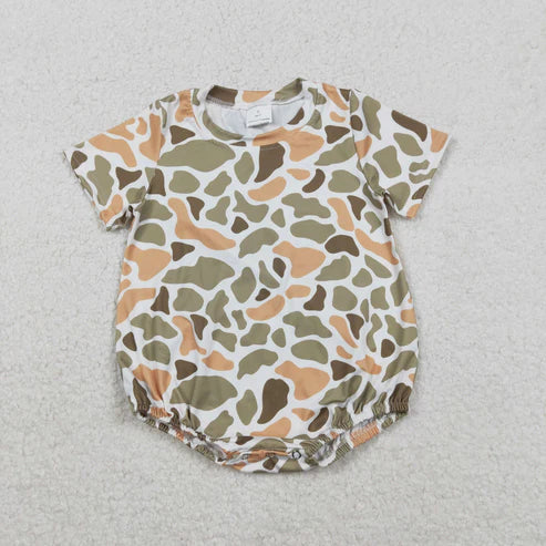 11.27 SR3452 Baby Boys Short Sleeve Green Orange Camo Southern Romper