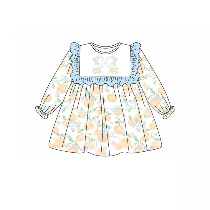 6.12 GLD1084 Baby Girls Long Ruffle Sleeves Light Blue Pumpkins Plaid Knee Length Dresses Preorder