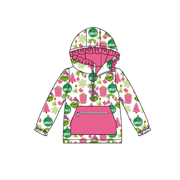 8.26 GT1164 Baby Girls Green Face Gifts Pocket Zipper Christmas Hoodies Top Preorder