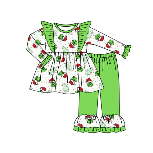 5.23 GLP1933 Baby Girls Christmas Green Frog Tunic Tops Ruffle Pants Clothes Sets Preorder