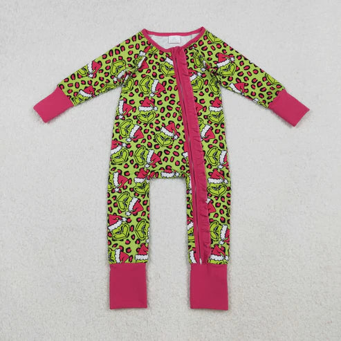 11.1 Mommy&Me Leopard Grin Button Fur Sleeve Pajamas Sets Ruffle Dresses Zipper Rompers
