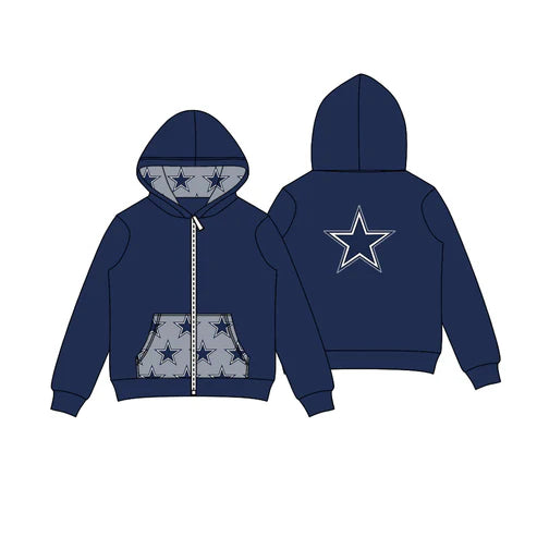 8.11 Custom Moq 5 Baby Boys Hot Blue Stars Team Pocket Zipper Hoodies Tops