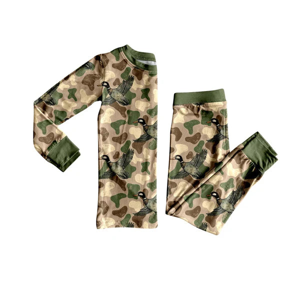 8.28 BLP1249 Baby Boys Green Camo Ducks Top Pant Western Pajamas Set Preorder