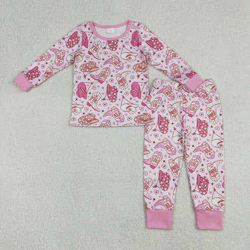 12.27 RTS NO MOQ(In Stock) Yeehaw Cowboy Hat Boots Star Pink Long-Sleeve Pants Pajama Set