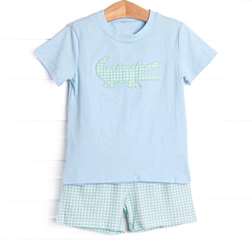 5.23 BSSO1534 Baby Boys Blue Short Sleeves Crocodile Top Plaid Short Set Preorder
