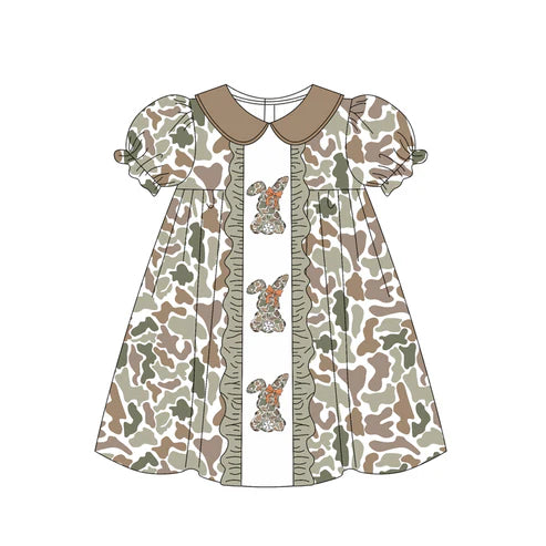 10.2 GSD2852 Baby Girls Olive Camo Rabbits Bows Easter Ruffle Knee Length Dresses Preorder