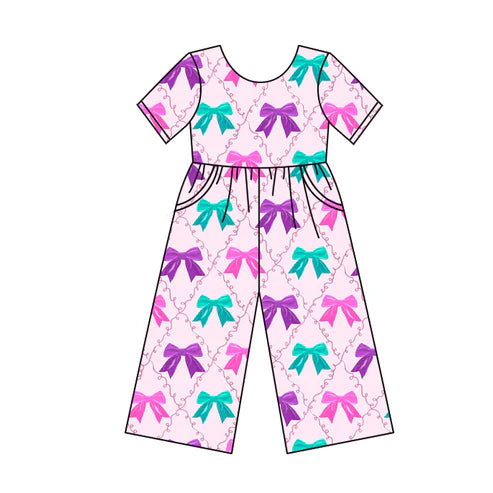 6.13 SR3120 Baby Girls Pink Short Sleeves Colorful Bows Plaid Pocket Pant Jumpsuits Preorder