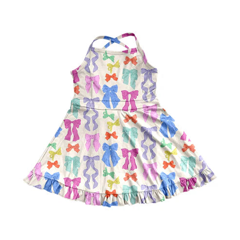 3.31 GSD2291 Baby Girls Strap Colorful Bows Yoga Ruffle Knee Length Dresses Preorder