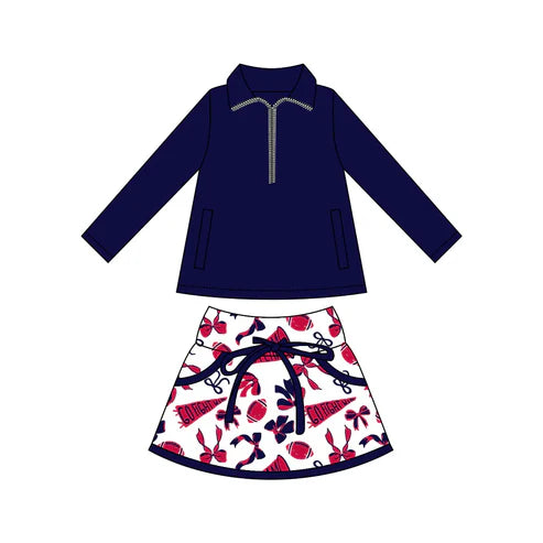8.11 Custom Moq 5 Baby girls Navy Pullover team Tee Shirts Red Skorts Clothes Sets