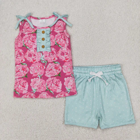 4.2 GSSO2356 Baby Girls Pink Sleeveless Floral Button Top Aqua Shorts Set