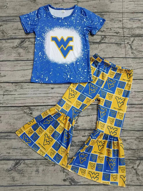 5.7 Baby Girls Blue Yellow Cheer Team Top Bell Pants Clothes Sets preorder(MOQ 3)