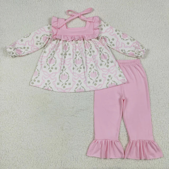 8.15 GLP2397 Baby Girls Long Sleeves Pumpkins Bows Plaid Tunic Pink Ruffle Pant Set