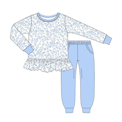 6.7 GLP2406 Baby Girls Long Sleeves Light Blue Floral Tunic Pocket Legging Pant Set Preorder