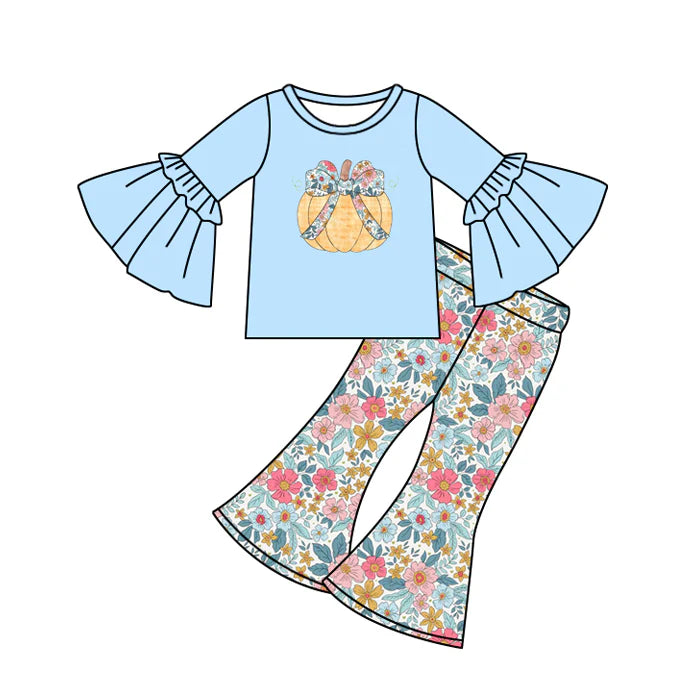 7.29 GLP2596 Baby Girls Long Sleeves Floral Pumpkins Top Bell Bottom Pant Set Preorder