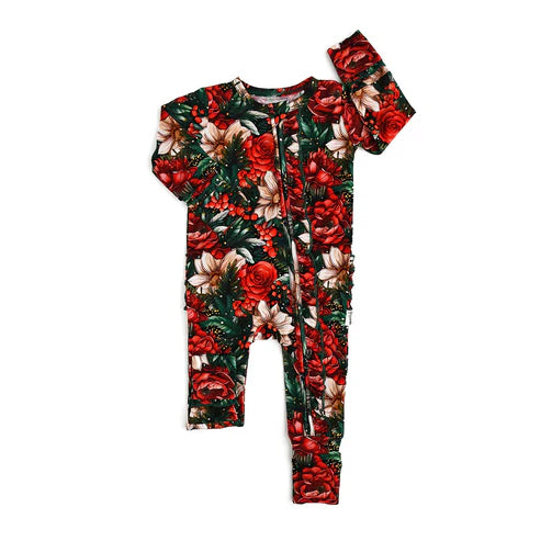 5.29 LR1961 Baby Infant Girls Christmas Green Red Flowers Zip Rompers preorder