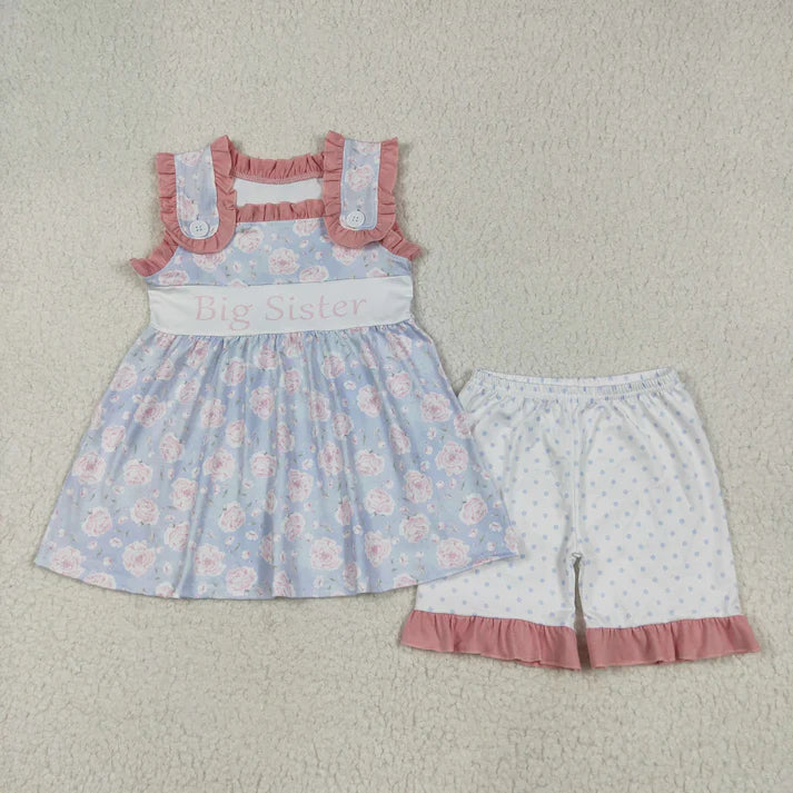 6.11 GSSO2350 Baby Girls Sleeveless Pink Floral Big Sister Tunic Polka Dots Short Set