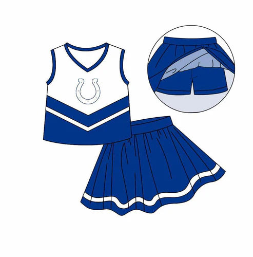 7.5 Custom Moq 3 Baby Girls Royal Blue Cheer Team Top Skort Shorts Clothes Sets