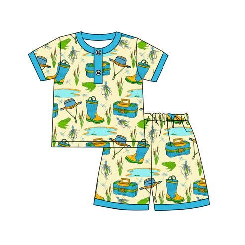 4.19 BSSO1495 Baby Boys Blue Short Sleeves Button Fishing Top Short Pajamas Set Preorder